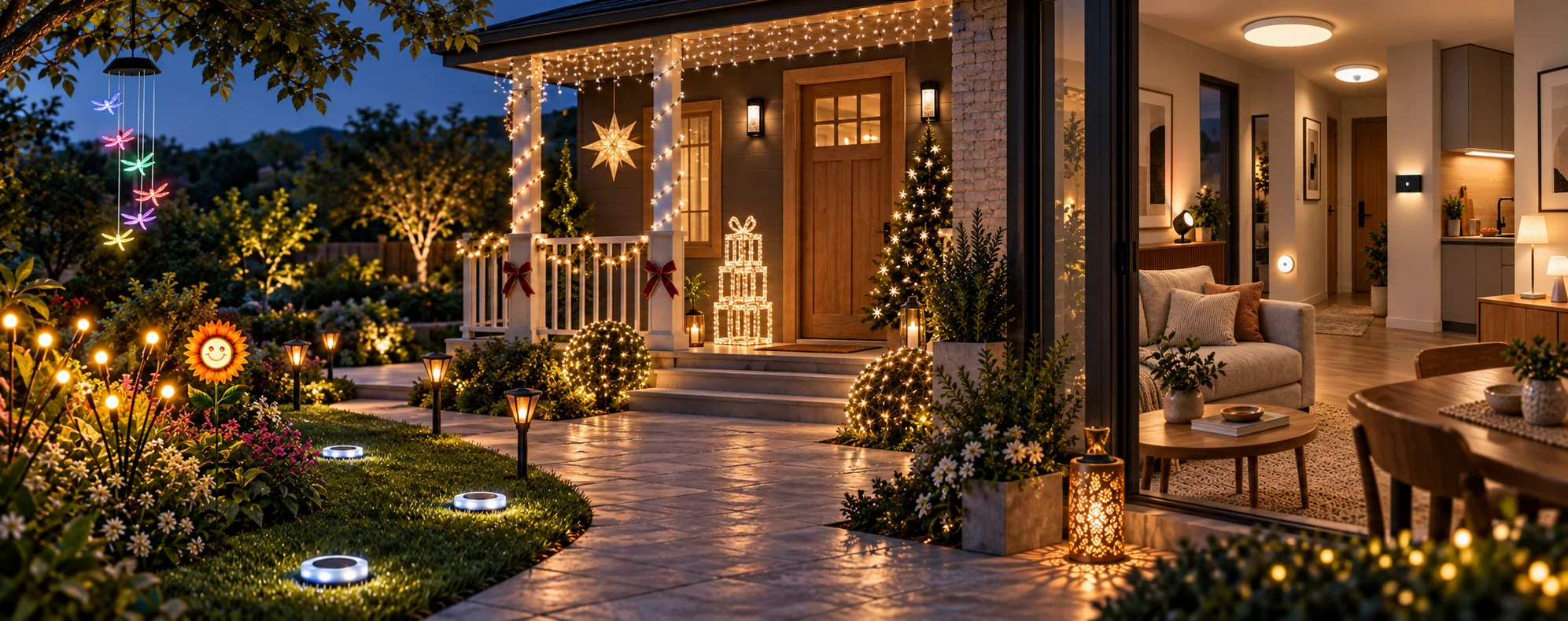 A residential setting combining solar garden lights, decorative holiday lights, and functional indoor lighting